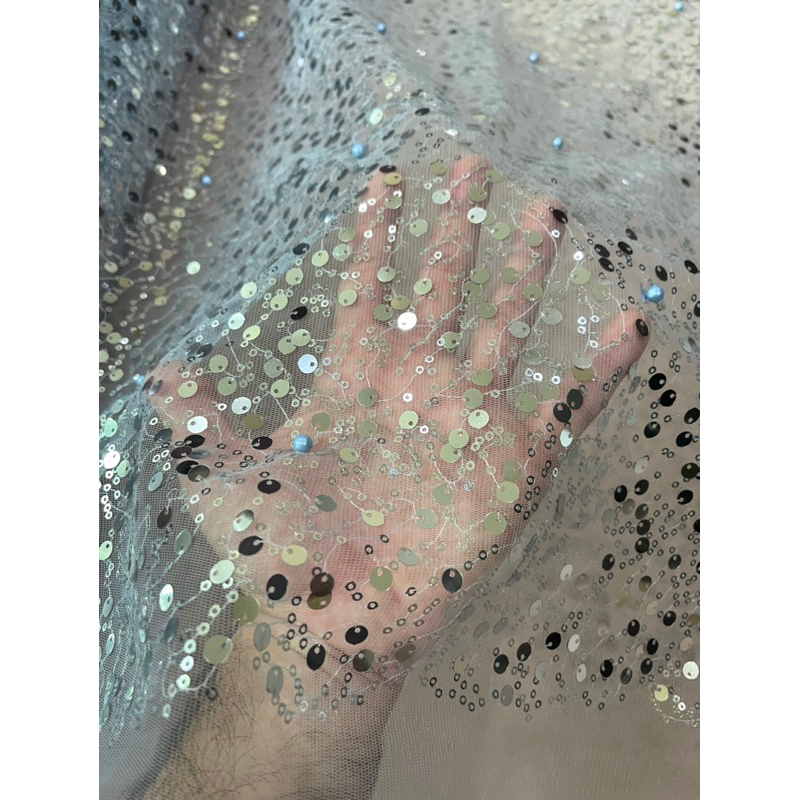 Tulle Tile Kain Full Sequin Seribu Payet (1000 Payette) Kebaya Brokat & Mutiara Swarovski LEMBUT JAU