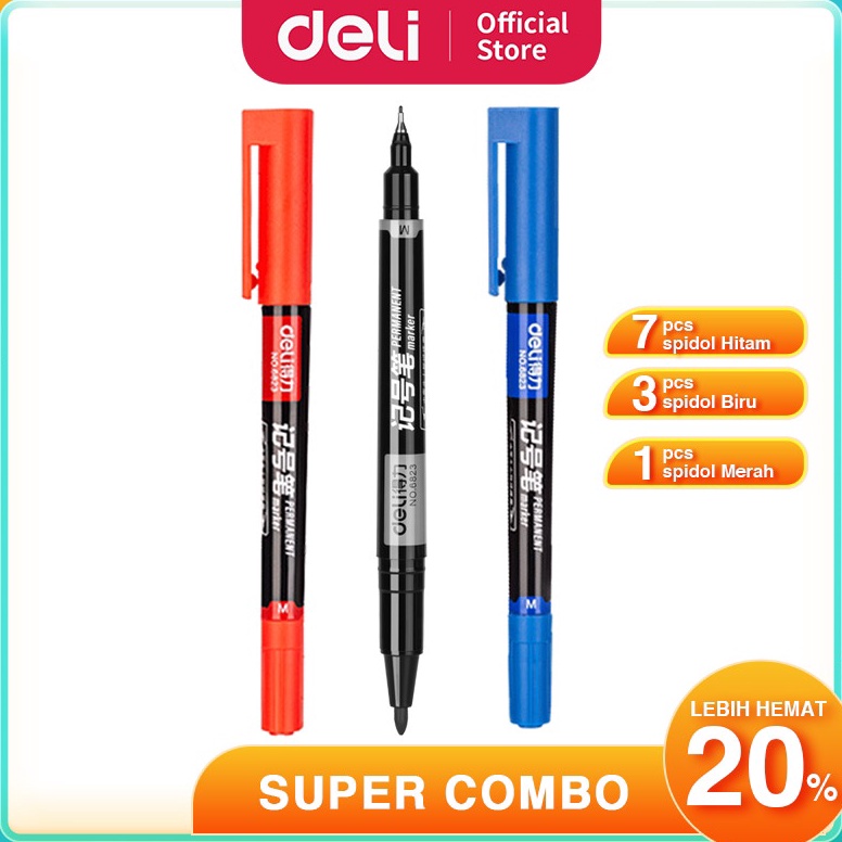 

DELI COMBO 1pcs Spidol Papan Tulis Permanen dual tip marker warna hitambirumerah lengkap a D7K7