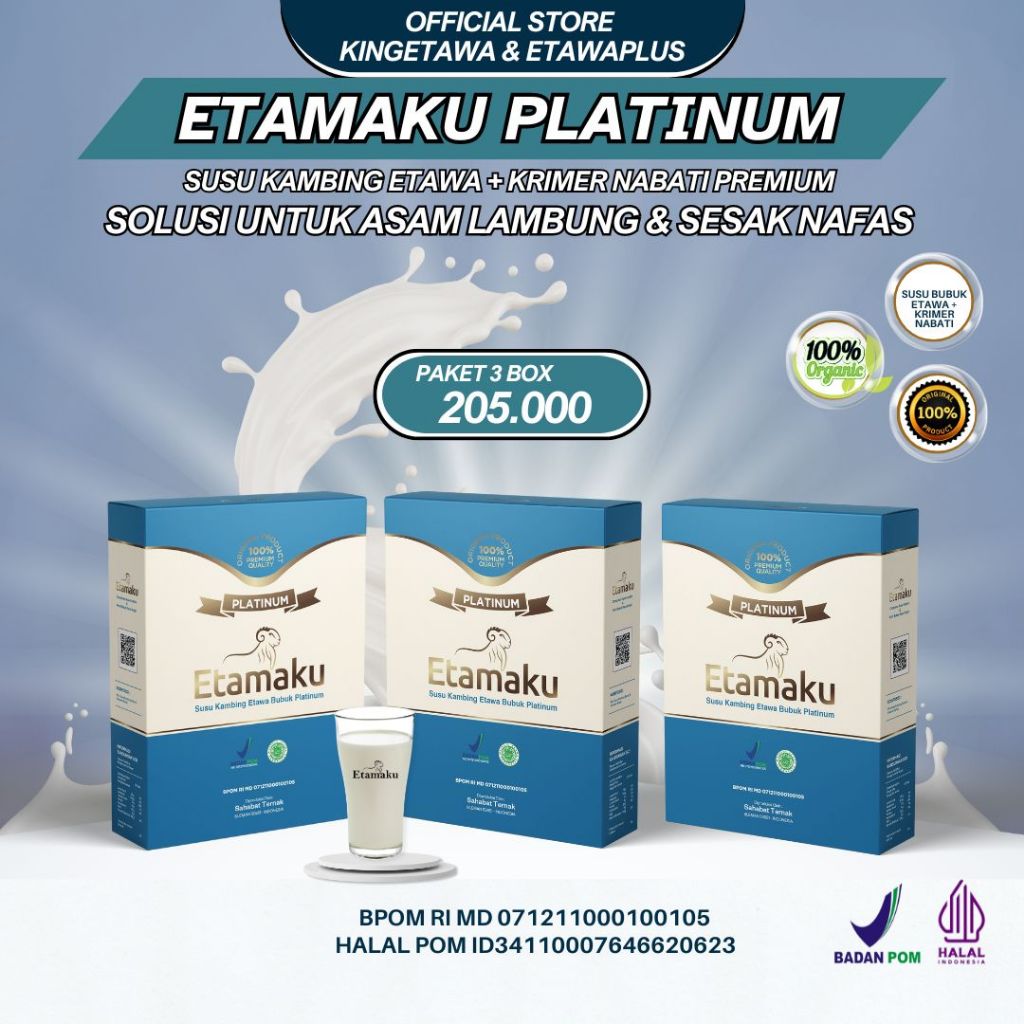 

Etamaku Platinum Susu Bubuk Kambing Etawa Untuk Keluhan Asam Lambung, Maagh, Nyeri Sendi Kemasan 250gram Paket 3 Box