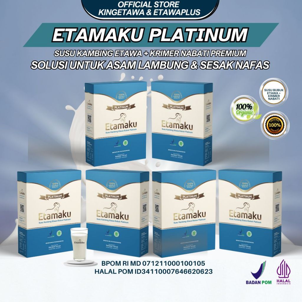 

Etamaku Platinum Susu Kambing Etawa Untuk Asam Lambung, Maagh, Sesak Nafas, Nyeri Sendi & Pegal Linu Kemasan 250gram Paket 6 Box