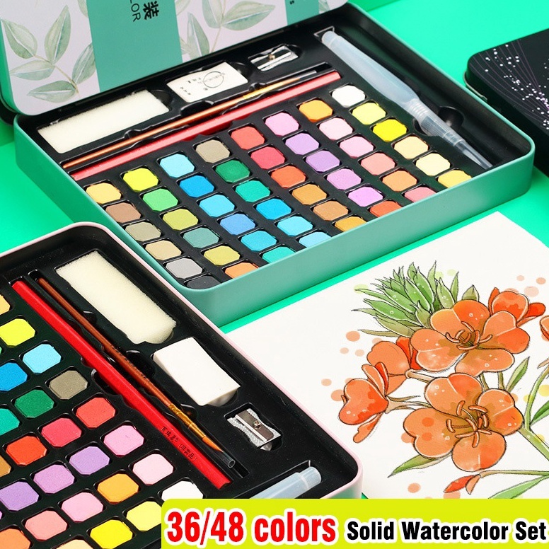 

3648 warna Solid Watercolor Paint Set Cat Air Padat Warna Terang Dengan Kuas Air Otomatis n I8T5