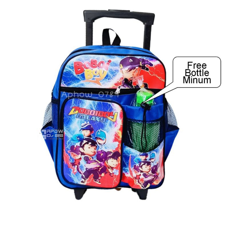 Ransel Anak troli Boboiboy Gratis Botol Minum - Tas anak Laki-laki troli - Ransel Roda boboboiy