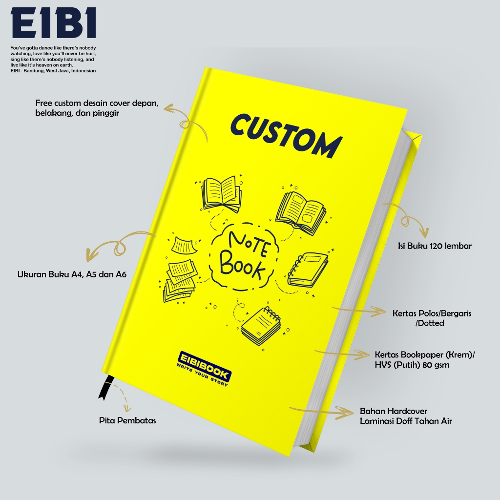 

Eibibook Custom Notebook Hardcover Cover Ukuran A6, A5, A4 Kertas Polos, Garis, Dotted