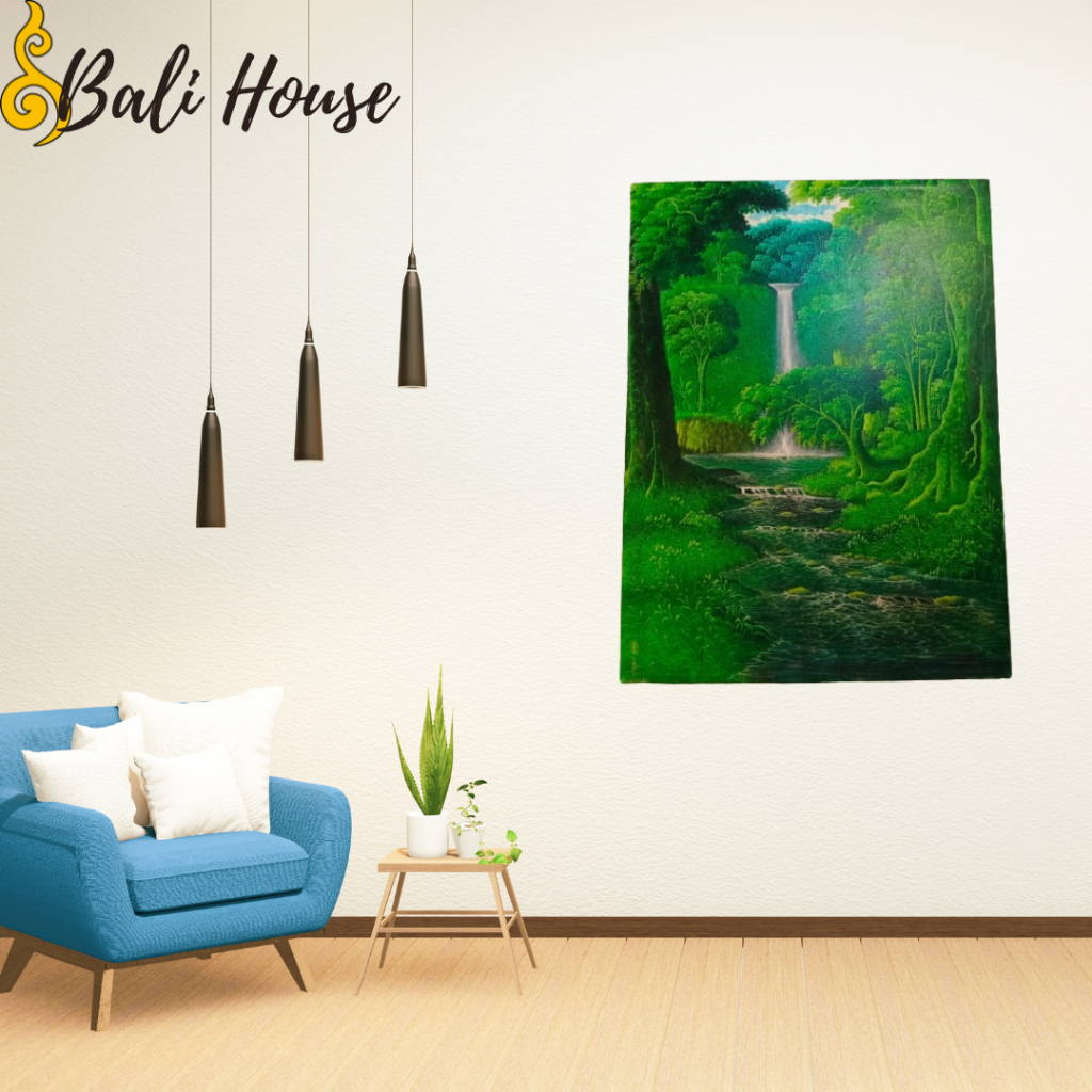 Lukisan dinding aesthetic asli tangan kain canvas pemandangan air terjun