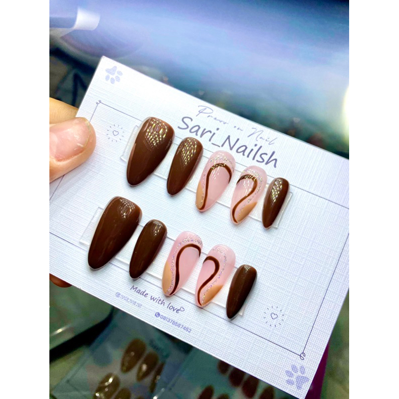 COKLAT SIMPLE SET NAILS / KOREAN NAILS / WEDDING NAILS / ENGAGEMENT NAILS / KUKU PALSU MURAH / CAT E