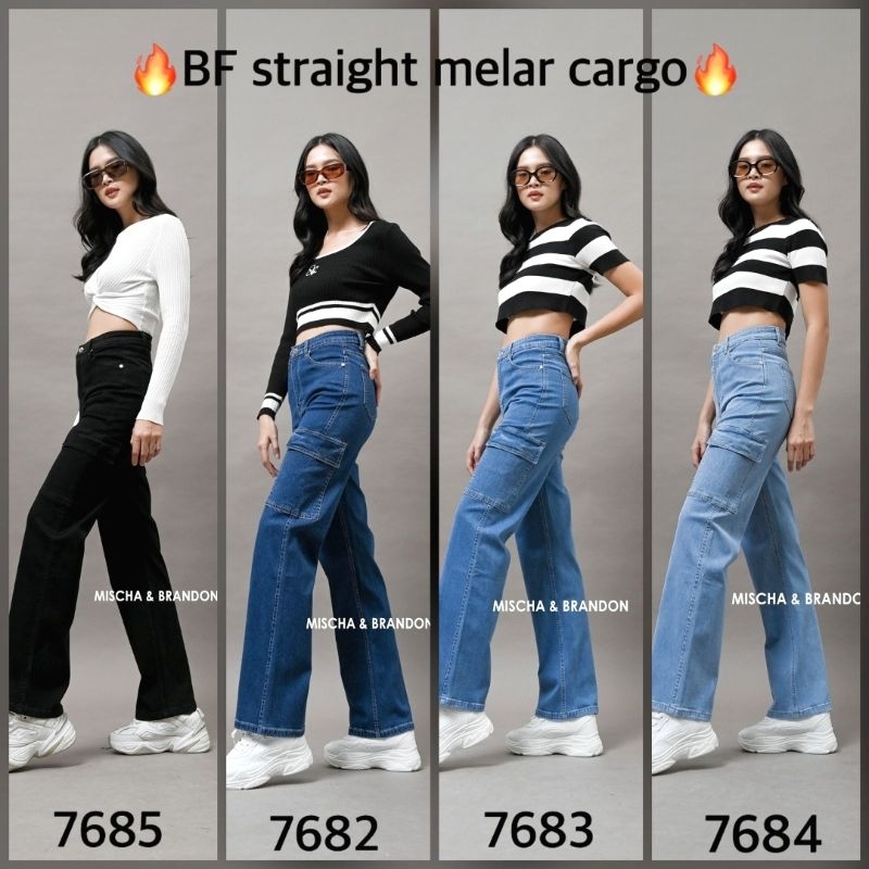 M&B Jeans Celana Panjang Wanita JEANS Boyfriend STRAIGHT CARGO Stretch Melar