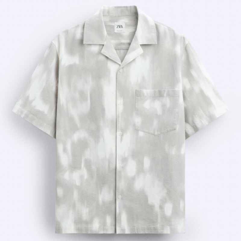 ZARA Men Tie Dye Print Shirt Kemeja Pria Kerah Terbuka Lengan Pendek Grey