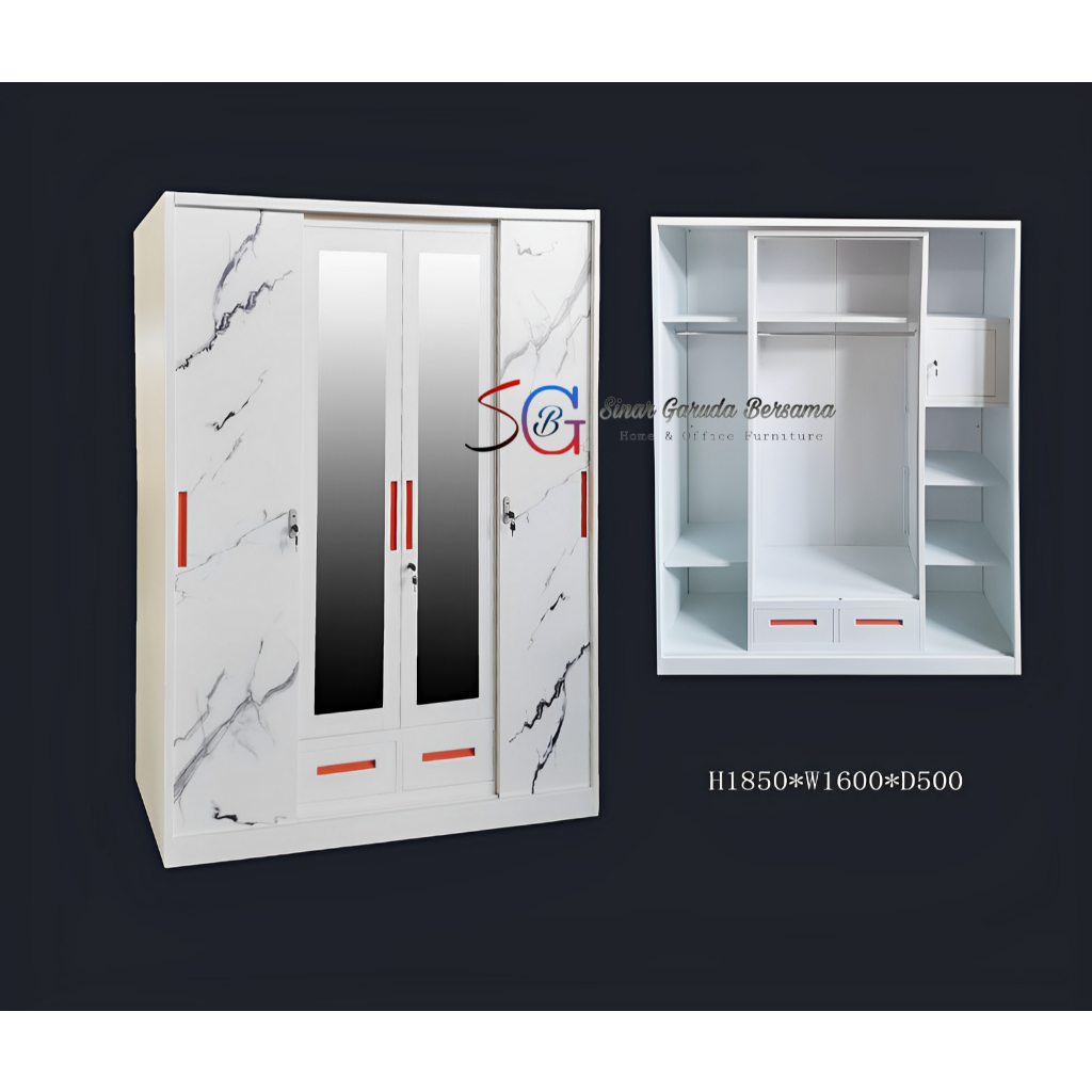 LEMARI PAKAIAN 4 PINTU PLAT BESI SLIDING DAN SWING / LEMARI BAJU 4 PINTU + KACA PANJANG BAHAN BESI +