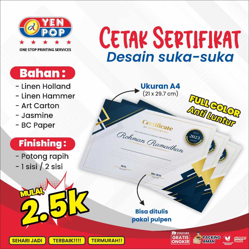 

PRINT / CETAK SERTIFIKAT PIAGAM PENGHARGAAN FULL COLOR HOLLAND / HAMMER / ART CARTON / BC PAPER 230 - 260 gsm ANTI LUNTUR