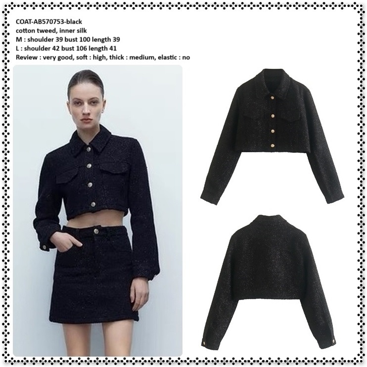AB570753 Crop Coat Cardigan Jaket Jacket Katun Tweed Wanita Korea Import Hitam Black