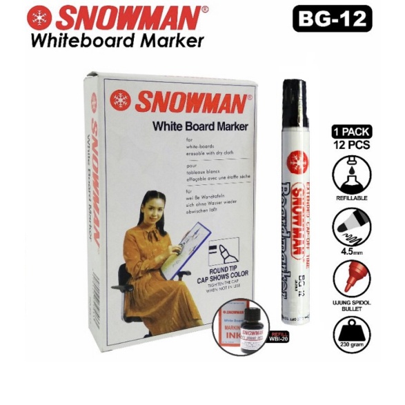 

Spidol Whiteboard Papan Tulis Snowman BG12 Marker HITAM BISA DIHAPUS isi 12pcs perbox r W4J4