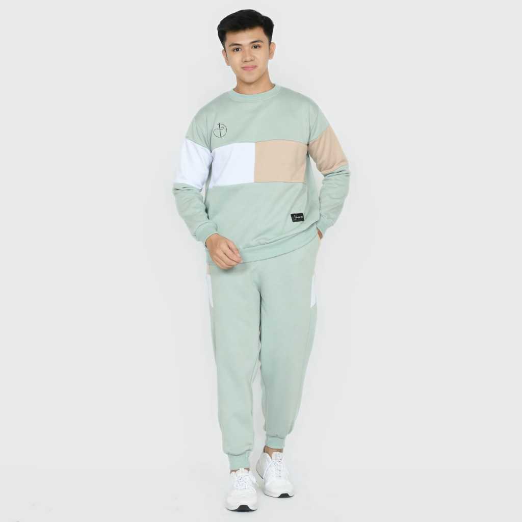 Duc'61 Satu Set Pakaian Crewneck Combinasi Premium Unisex Dengan Warna Hijau Mint