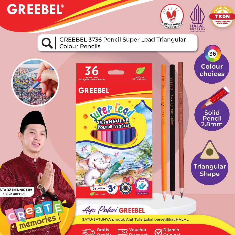 

GREEBEL Pensil Warna 3736 SUPER LEAD ISI 36 ColoringColorColour Pencils Cerah tidak beracun utk mewarnai anak v W2C8