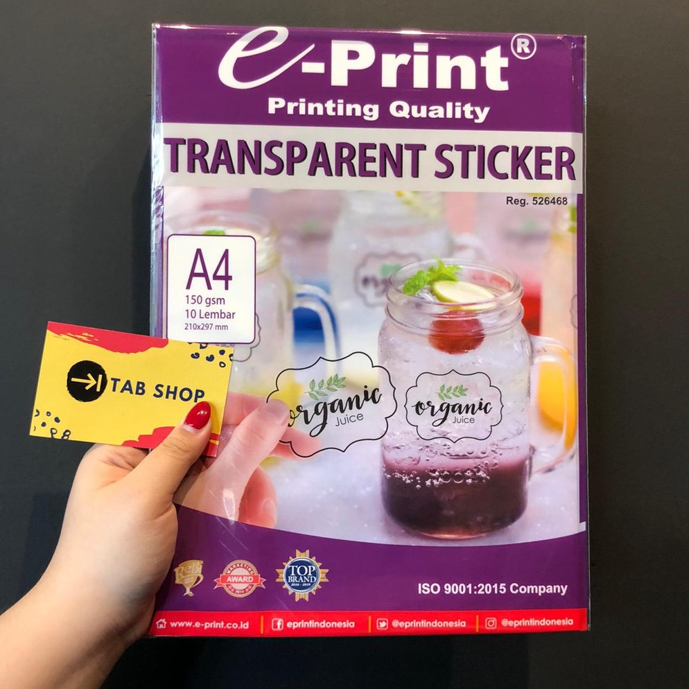 

TAB SHOP EPRINT KERTAS STIKER TRANSPARAN A4 15 GSM EPRINT TRANSPARENT STICKER A4 15 GSM 1 LEMBAR t FR8