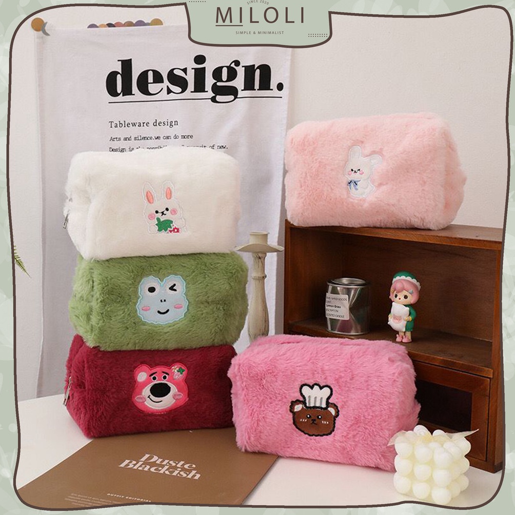 

MILOLI Kotak Pensil FURRY CARTOON FROG LTS RABBIT Pouch Fluffy Pencil Bag Tempat Pensil Resleting Stationery F242 o K1Z5