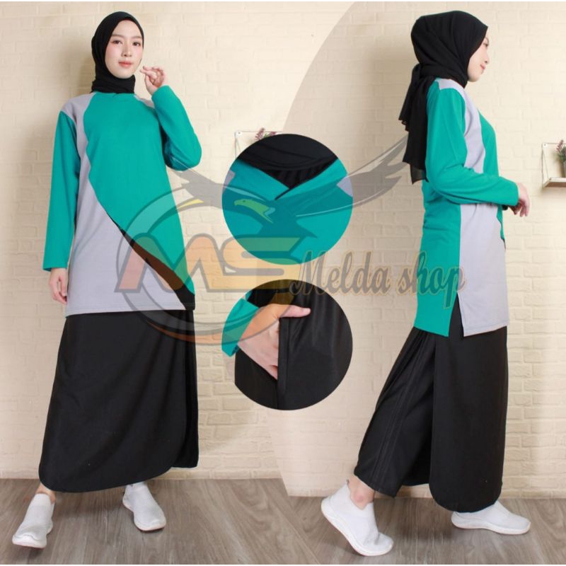 setelan baju olahraga tunik muslim rok celana/setelan seragam olahraga senam wanita muslim