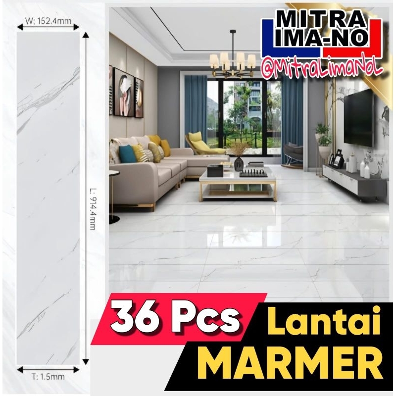 PAKET 36 Pcs LVT Flooring MARMER Sticker Lantai Vinyl Premium [15,2cm x 91,4cm]