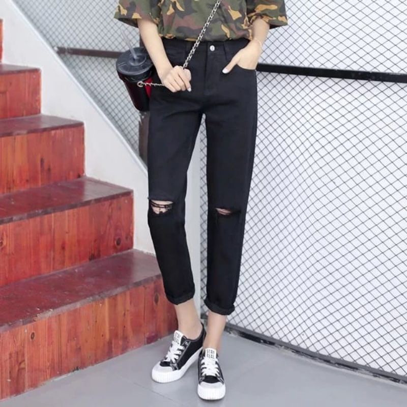Korean Style HW Boyfriend Jeans Hitam Sobek Lutut