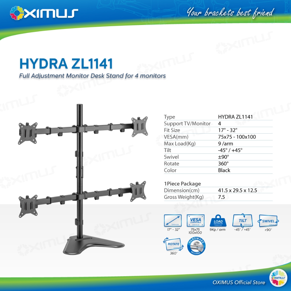 BRACKET TV LCD MONITOR 13"-27" OXIMUS HYDRA ZL1141 TILT SWIVEL ROTATE