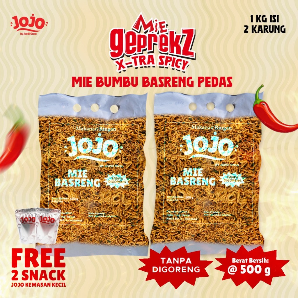 

(HOT) Mie Geprekz Xtra Spicy ( Mie bumbu basreng pedas ) 1KG Jojo by Jordi Onsu Free 2 snack