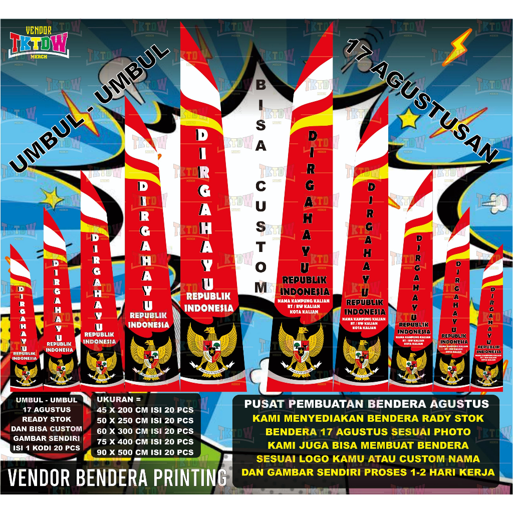 UMBUL UMBUL MERAH PUTIH 17 AGUSTUS BISA CUSTOM ( ISI 1 KODI 20 PCS )
