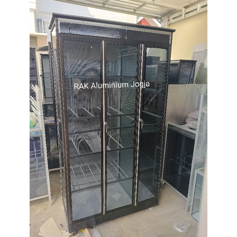 Rak piring 3 pintu jumbo full aluminium hitam ada roda bawah keramik