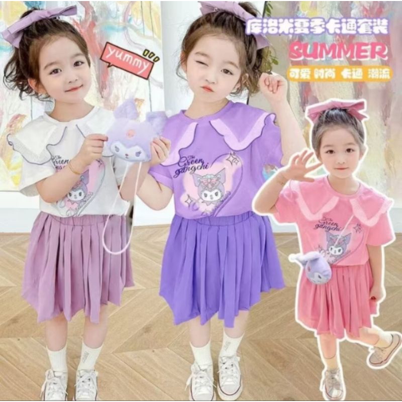 Setelan Rok Plisket HONE BABY Kuromi Anak Perempuan Import + Boneka Selempang