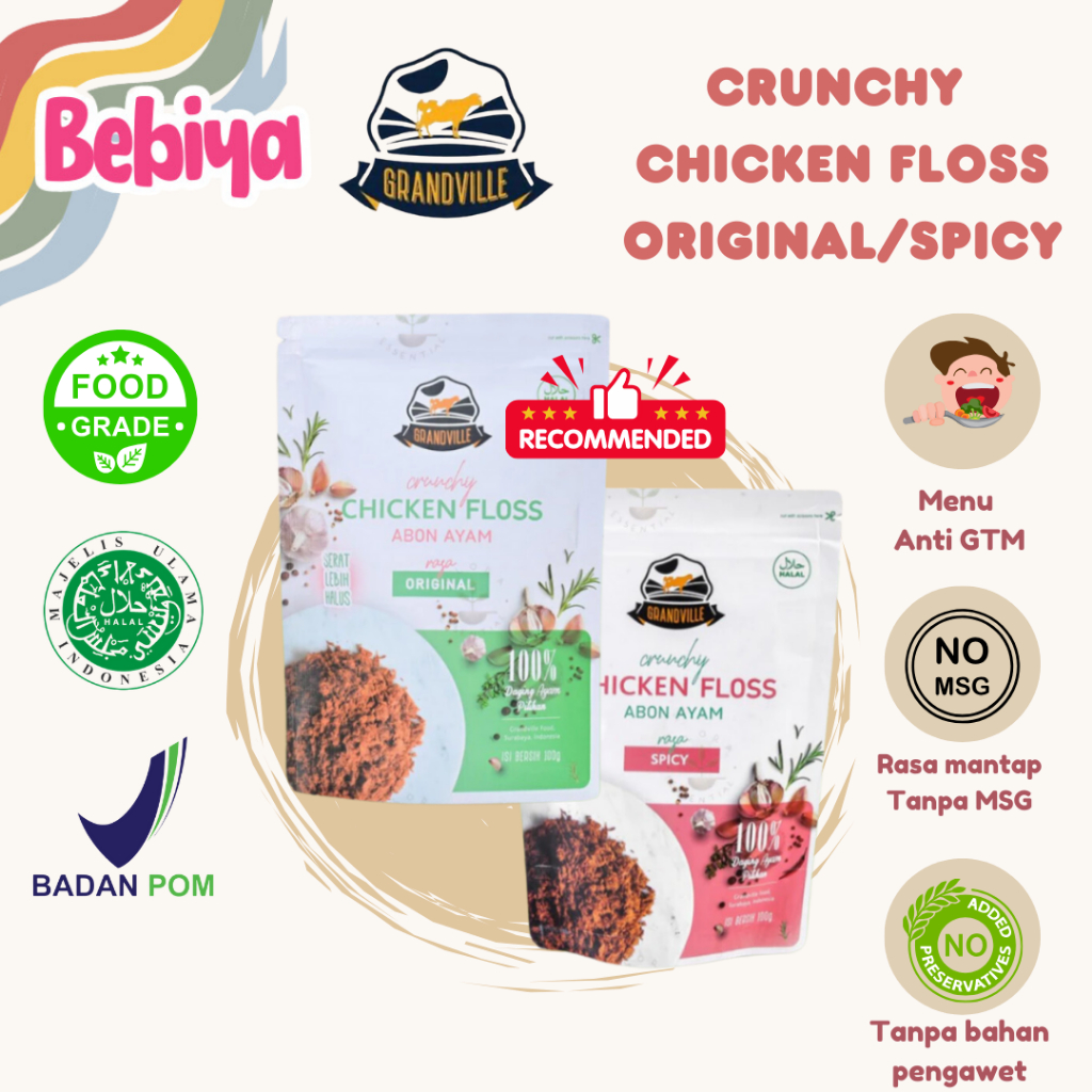 

Grandville Crunchy Chicken Floss 100 Gr Original dan Spicy Abon Sapi Anti GTM Makanan MPASI BB Booster