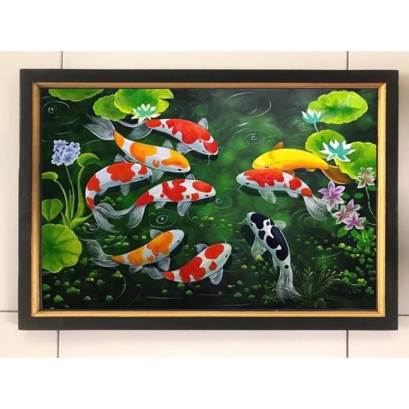 lukisan cetak ikan koi hias plus bingkai ukuran 65×45