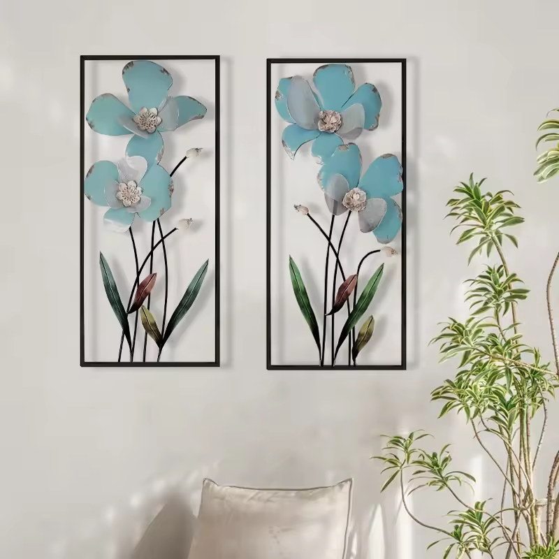 (MOMMSTORE) Dekorasi dinding logam bunga kreatif gaya retro, dekorasi dinding besi warna biru buatan