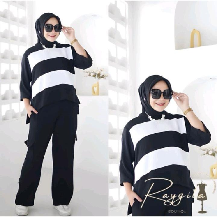 SET CARGO SALUR KOMBINASI BAHAN CRINKEL { BAJU & CELANA CARGO } WANITA JUMBO