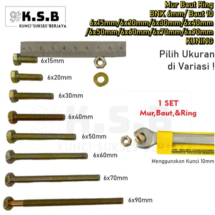 SET Mur, Baut, Ring BNK 6mm / Baut 10 KUNING 6x15mm/6x20mm/6x30mm/6x40mm/6x50mm/6x60mm/6x70mm/6x90mm