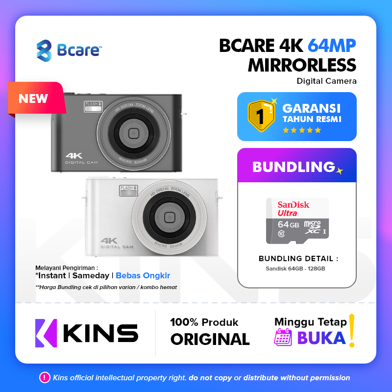 Bcare Mirrorless Digital Camera 64MP 4K - Kamera Pocket 3.0" IPS Touch Screen Display