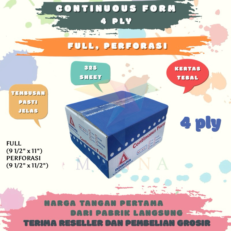 

Continuous Form 4 ply NCR FULL PERFORASI Putih Merah Kuning Hijau 63 GSM merk Indopaper