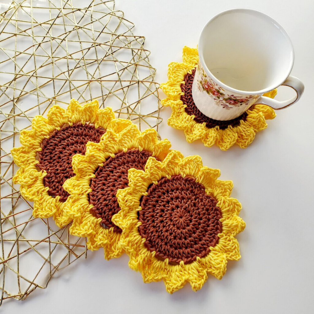 CROCEAN Tatakan Gelas Rajut Sunflower Bunga Matahari Coaster Glass Hadiah Buatan Tangan Pink Lucu Ae