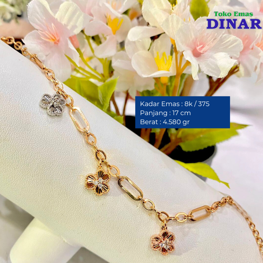 GELANG RANTAI MODEL BUNGA 3D + BATU AD - EMAS MUDA - KADAR 8K/375