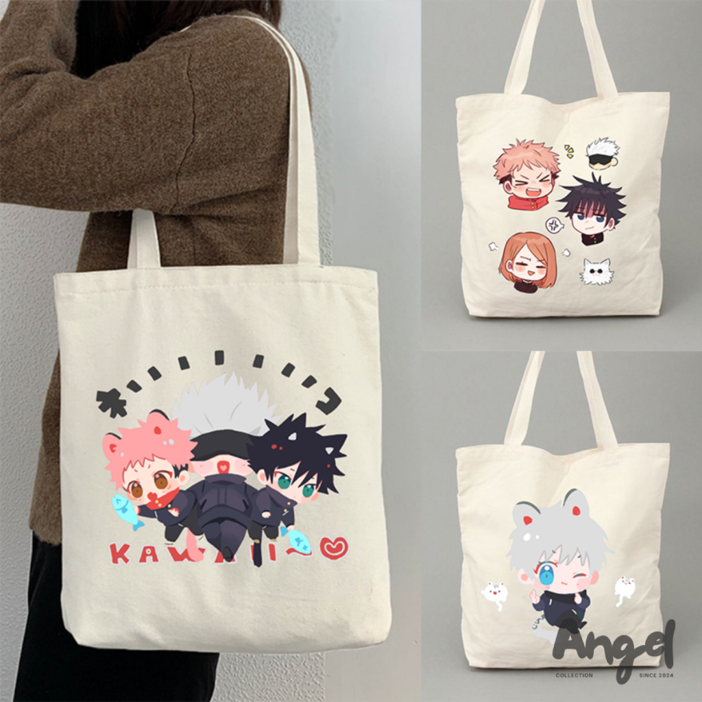 ENJEL Tas Tote Bag 100% Kanvas Resleting Jujutsu Kaisen Anime Gojo Satoru Lucu Aesthetic Ukuran 30x4