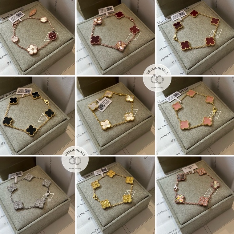 BRACELET VAN CLEEF  ARPELS VCA 5 VINTAGE ALHAMBRA VC CLOVER DAUN FLOWER PEARL PLATED GOLD EMAS S925 