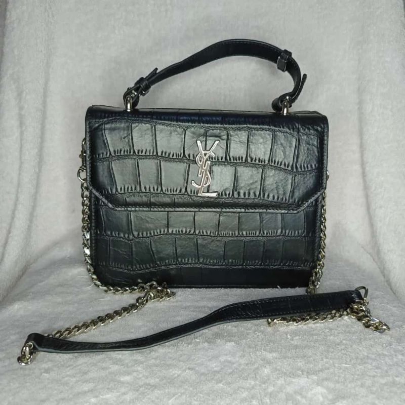 YSL Saint Laurent Sunset Crocodile-embossed Top Handle Sling Bag Silver HW - Tas kulas croco niki lo