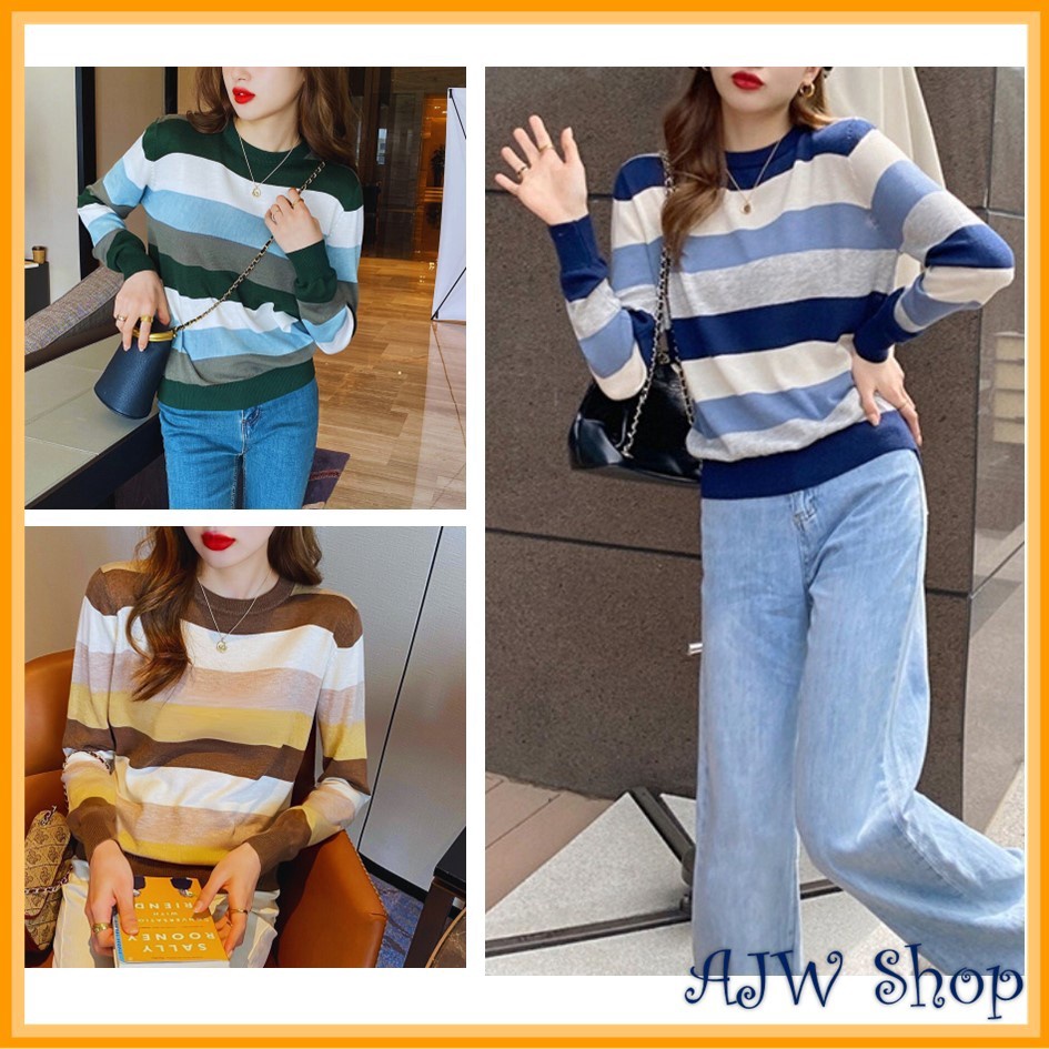 MURAH MERIAH AJW Atasan Oversize Wanita Salur Rajut Import XBG  Atasan Rajut Oversize Garis Garis  O
