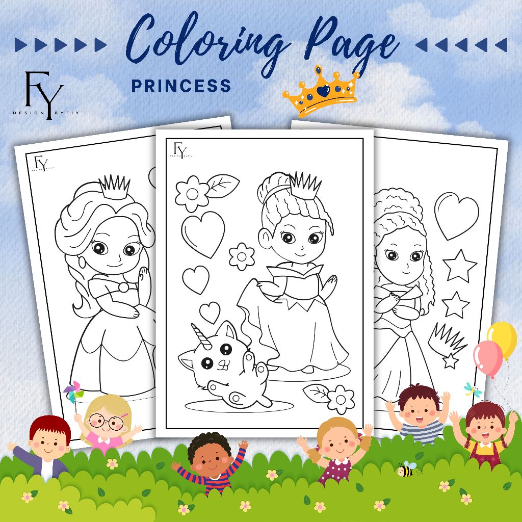 Designbyfiy - Kertas mewarnai Princess  - coloring page -  buku mewarnai - untuk anak   TK SD / A4