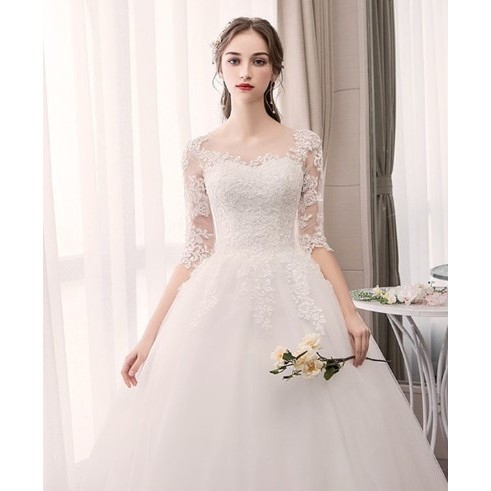 GAUN PENGANTIN  PUTIH LENGAN 3/4 SIMPLE  BROCADE WEDDING DRESS PERNIKAHAN