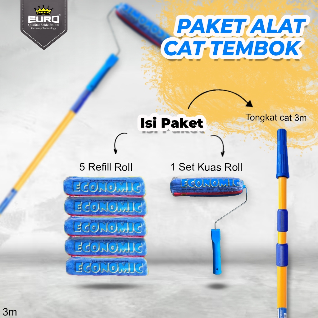PAKET Alat Cat Tembok Hemat Pertukangan Untuk Cat Tembok Rumah berkualitas TONGKAT, SET ROLL, 5 REFI