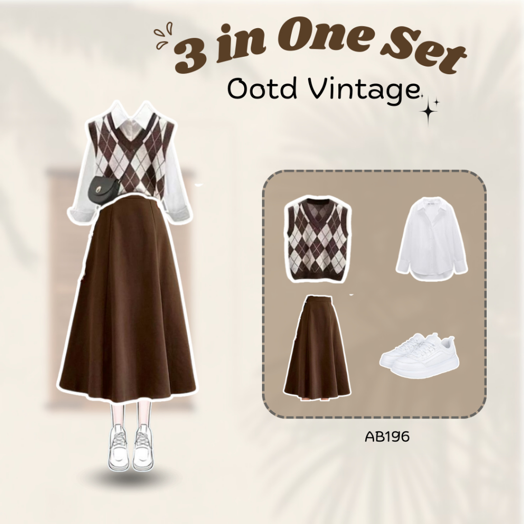 3 In 1 Set AB196 -  One Set Wanita Korean Style | Ootd Yearbook Outfit ke Pantai Ootd Vintage Vest D