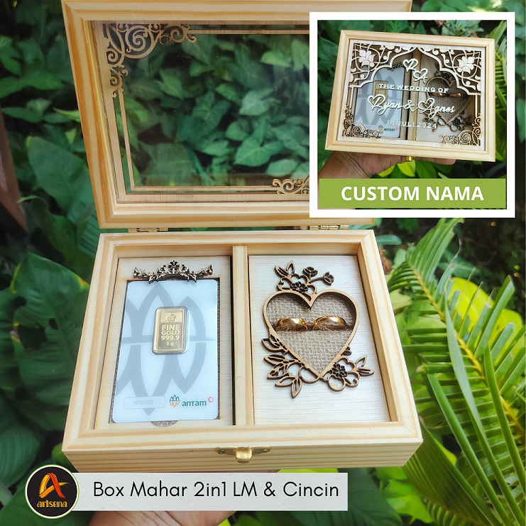 Kotak Mahar Cincin & Emas Antam dengan Ornament Cutting Nama | Kotak Mahar 2in1 | Box Mahar Unik