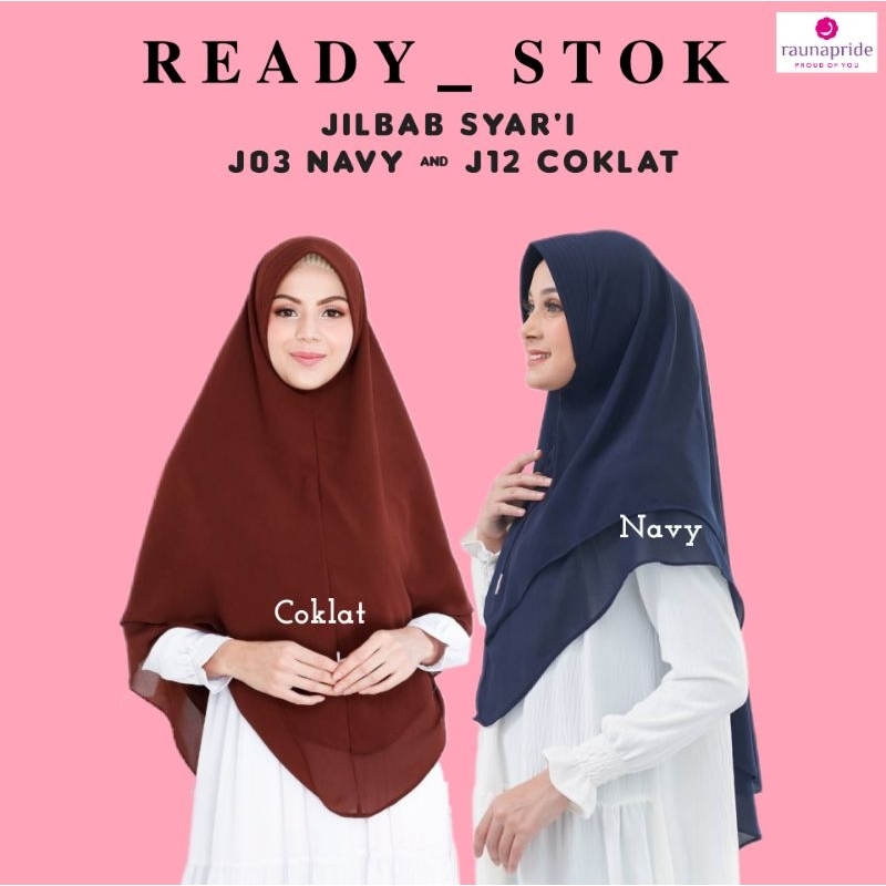 Rauna Jilbab Instan Syar'i 2 Layer J03 Navy & J12 Coklat/Jilbab Ceruti/Jilbab Syar'i
