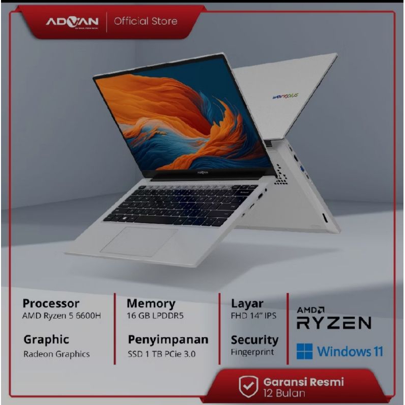 Advan Laptop Workplus AMD Ryzen 5 6600H 14" FHD IPS 1TB