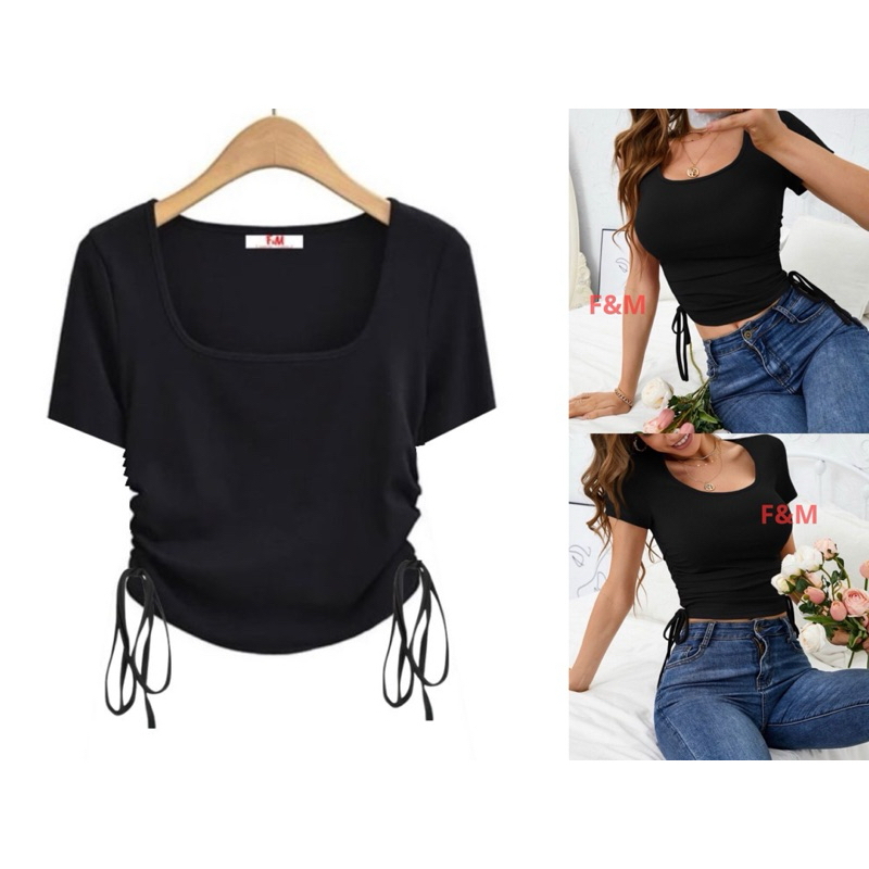 hot product new croptee crop top kaos serut kerah kotak korea style (ket.252) spandek premium baju