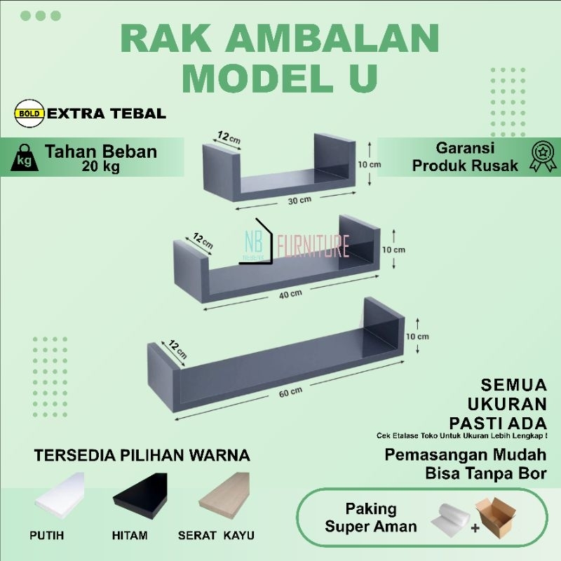 RAK BUKU AMBALAN DINDING MINIMALIS,RAK MODEL U.( LEBAR TATAK 12 CM.)