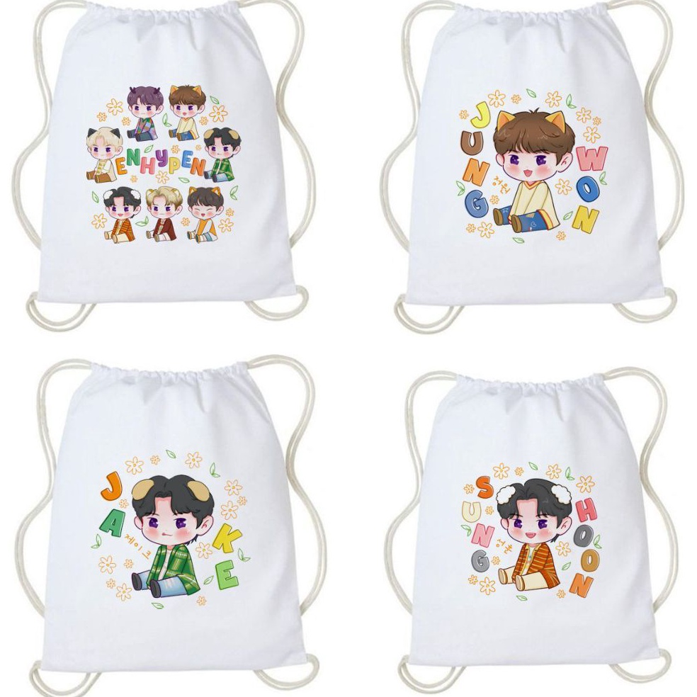 KODE B15N Tas Serut Jay Jake Jungwon Chibi Fanart Lucu Kpop Korea String bag Kanvas Wanita Aesthetic